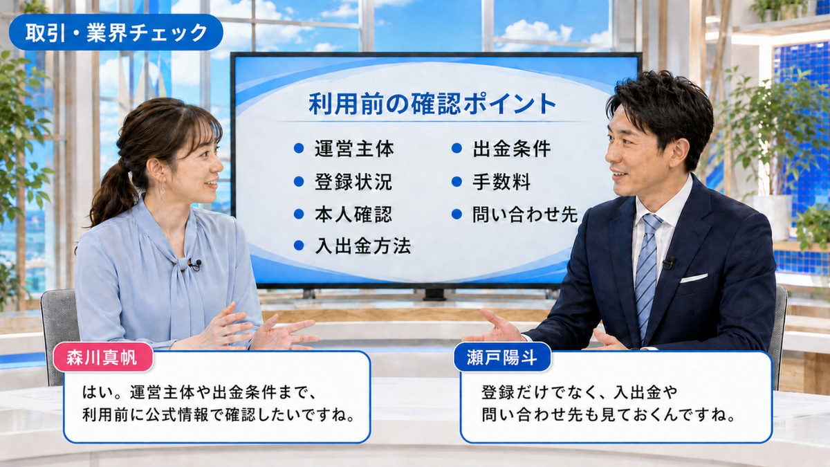 取引・業界チェック|登録状況と顧客資金の扱いについて説明するキャスター
