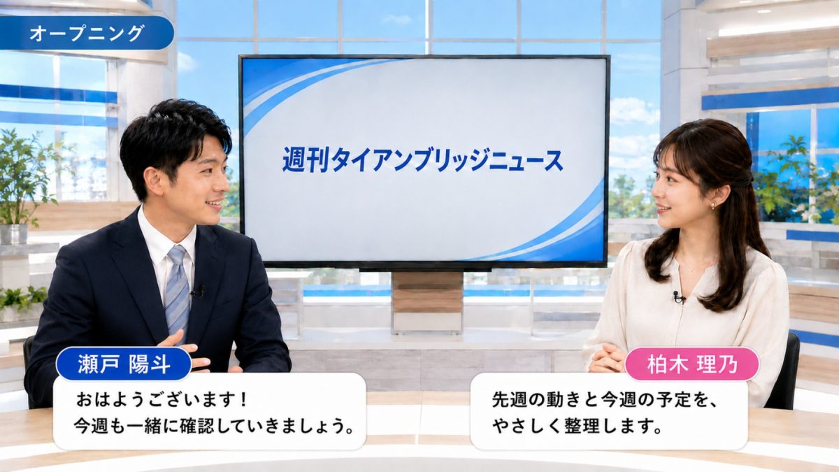 オープニング|週刊タイアンブリッジニュース 2026年8月17日号のスタジオで挨拶する二人のキャスター