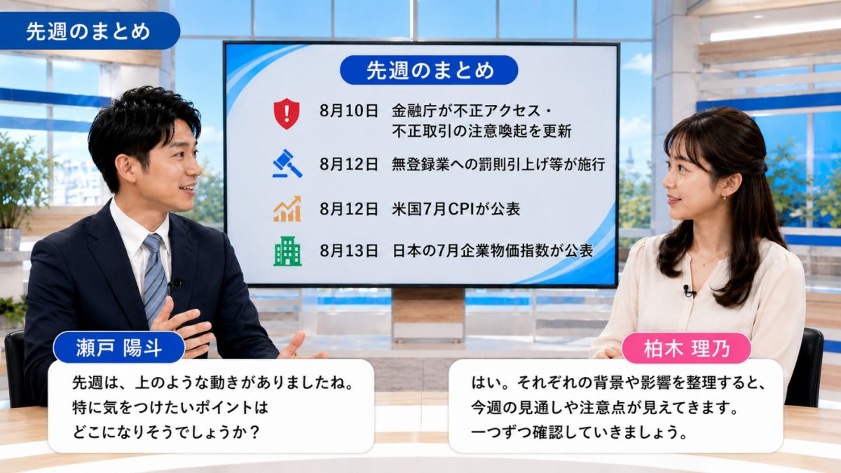先週のまとめ|金融庁の不正アクセス注意喚起更新・無登録業への罰則引上げ施行・米国7月CPI・日本の7月企業物価指数を並べた図