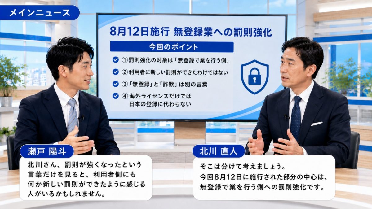 今週のメインニュース|8月12日施行の無登録業への罰則強化について4つのポイントを解説するスタジオ