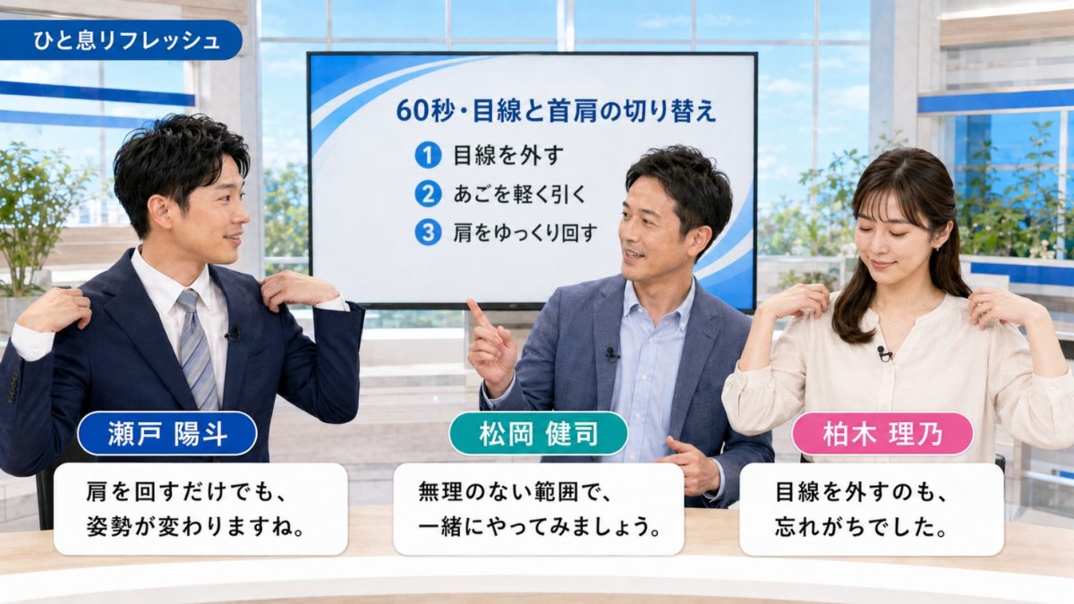 ひと息リフレッシュ|60秒でできる目線と首肩の切り替え3ステップを実演する出演者たち