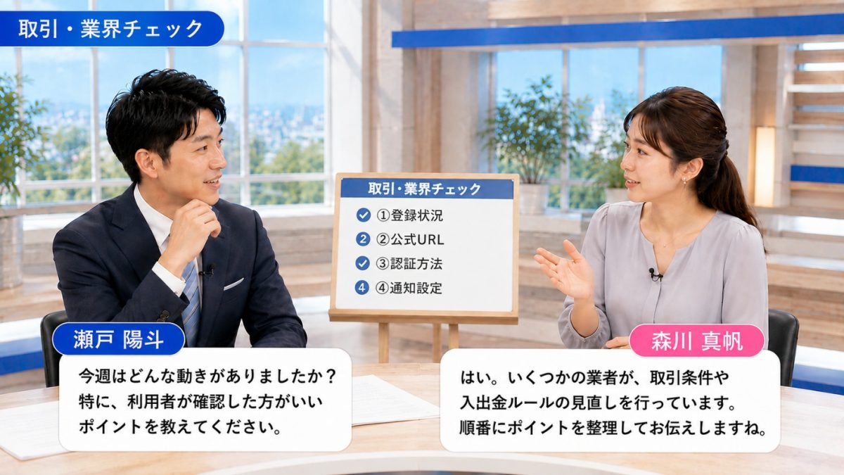 取引・業界チェック|登録状況・公式URL・認証方法・通知設定の4項目を示すボードを前に話すキャスター