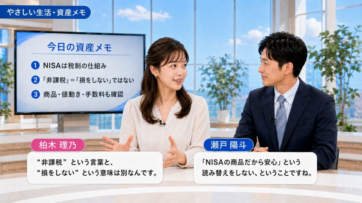 やさしい生活・資産メモ|NISAは税制の仕組みで、非課税と損をしないは別の話と説明するキャスター