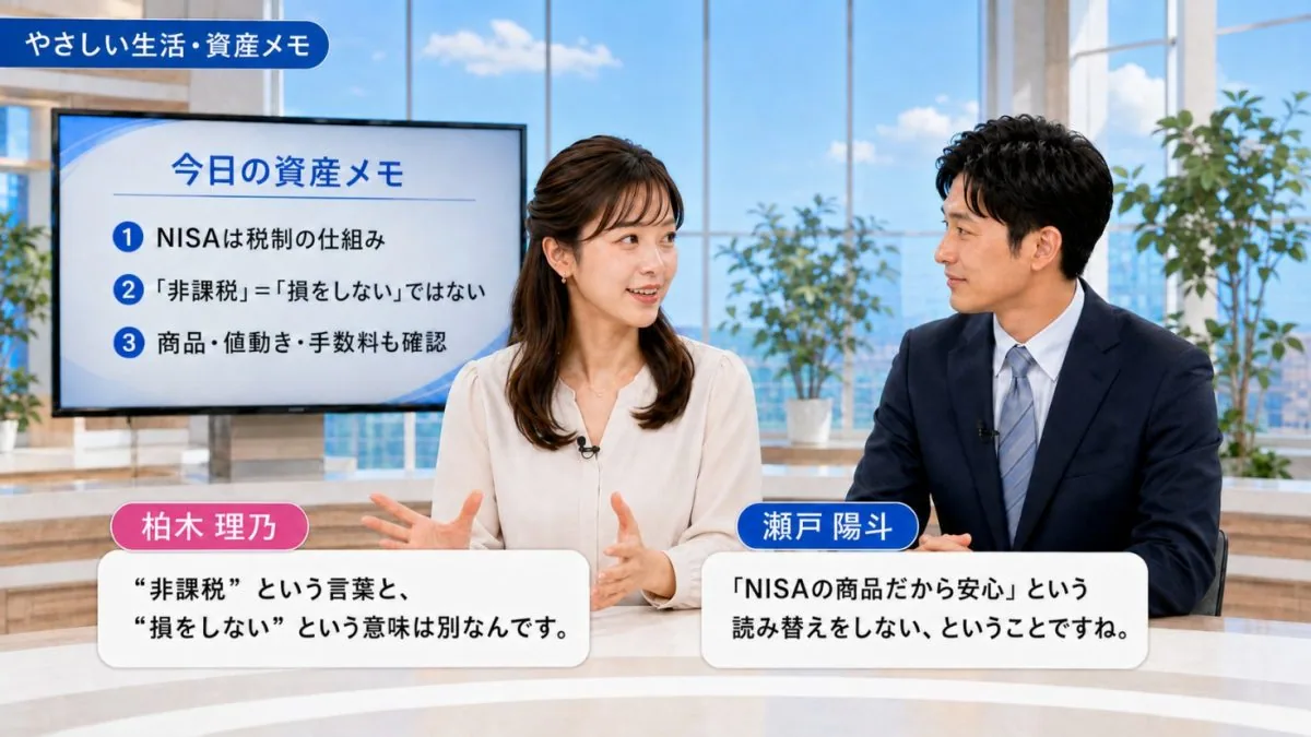 やさしい生活・資産メモ|NISAは税制の仕組みで、非課税と損をしないは別の話と説明するキャスター