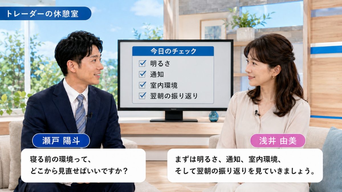 トレーダーの休憩室|明るさ・通知・室内環境・翌朝の振り返りの4つの寝室チェックを紹介するスタジオ