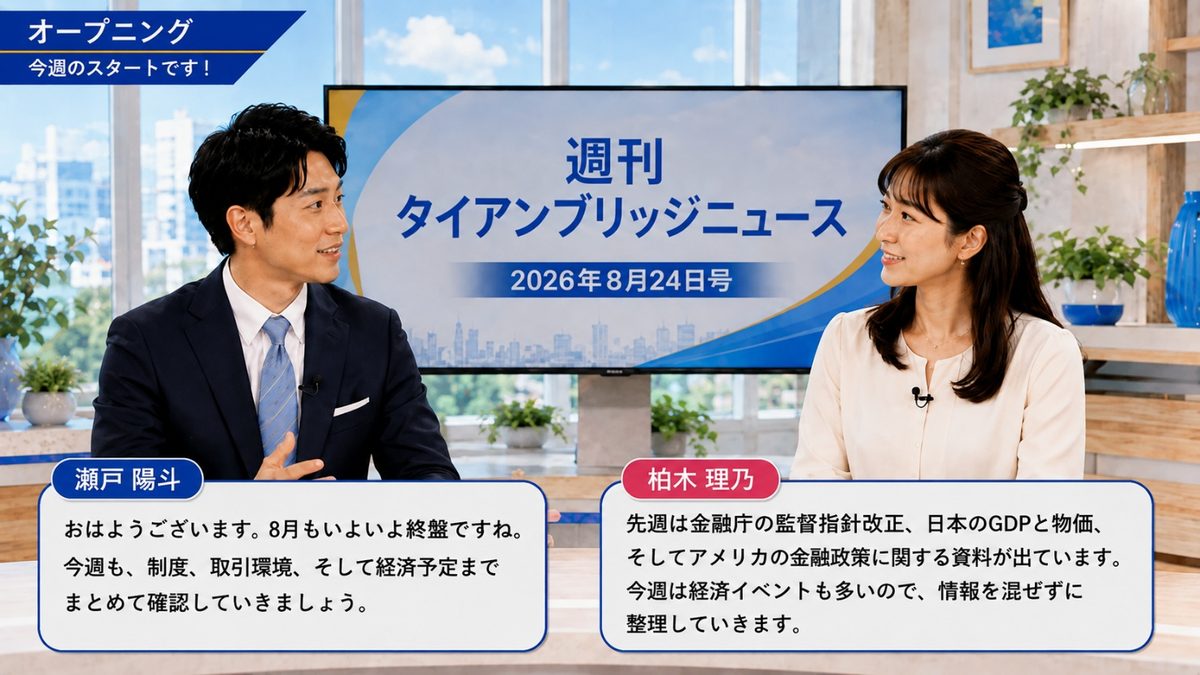 オープニング|週刊タイアンブリッジニュース 2026年8月24日号のスタジオで挨拶する二人のキャスター