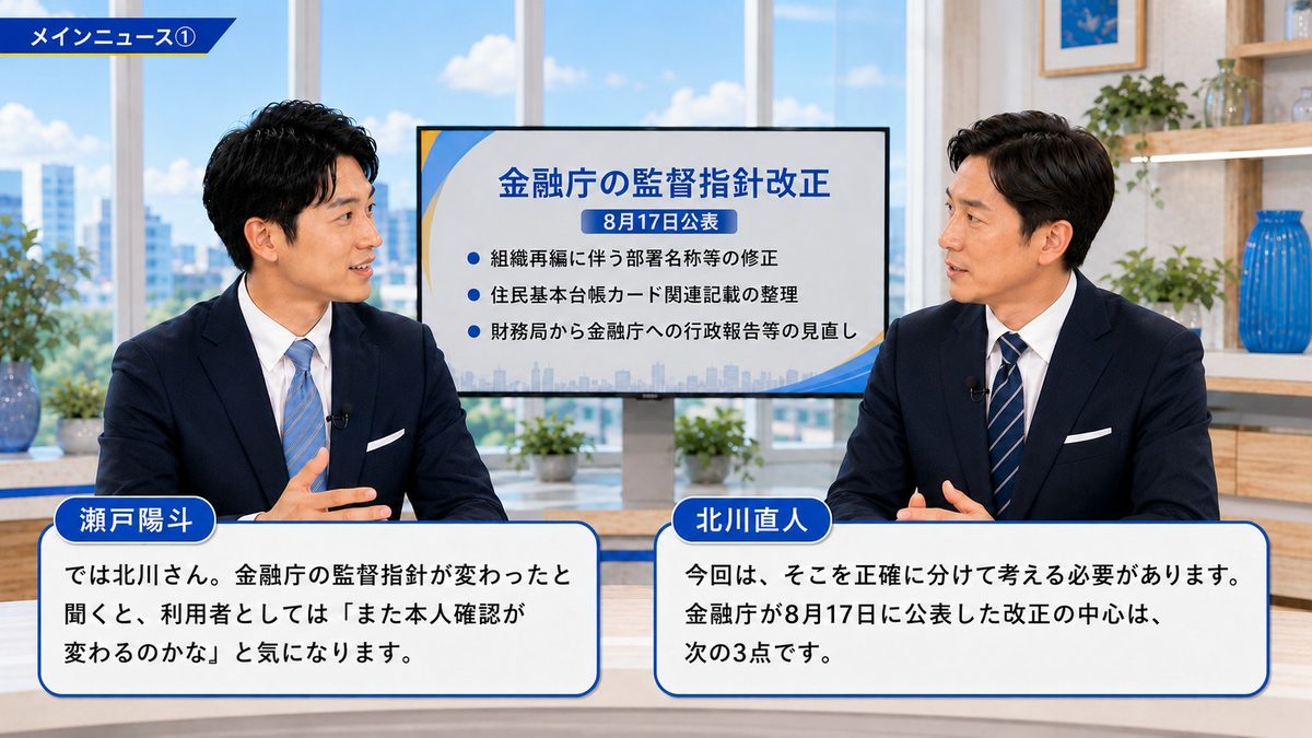 今週のメインニュース|金融庁の監督指針改正の3つのポイントを示すモニターを前に解説するスタジオ