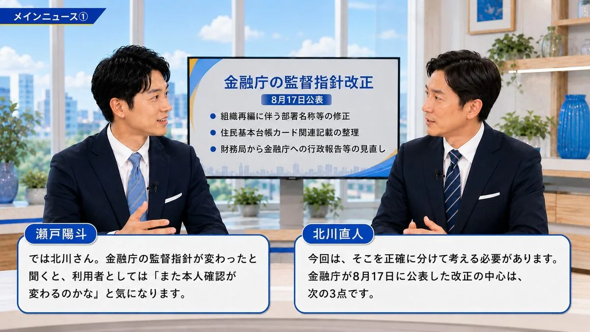 今週のメインニュース|金融庁の監督指針改正の3つのポイントを示すモニターを前に解説するスタジオ