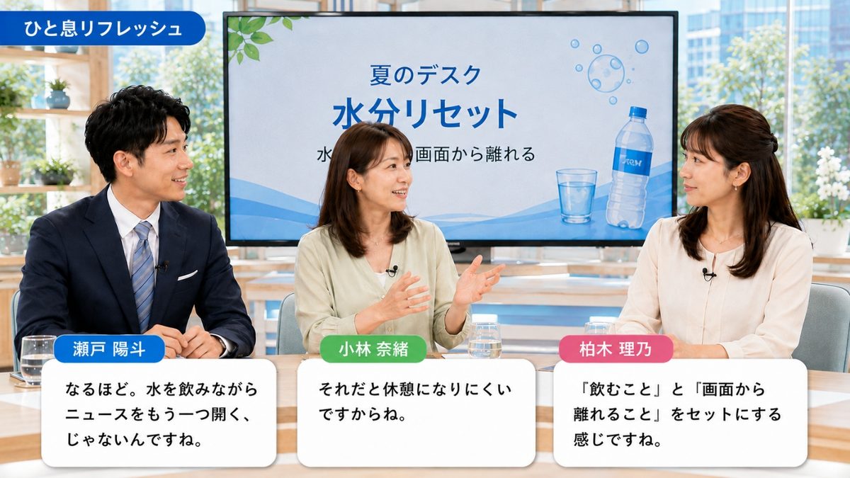 ひと息リフレッシュ|夏のデスク水分リセットをテーマに、水を飲んで画面から離れる区切りの作り方を話す出演者たち