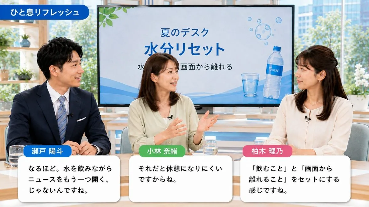 ひと息リフレッシュ|夏のデスク水分リセットをテーマに、水を飲んで画面から離れる区切りの作り方を話す出演者たち