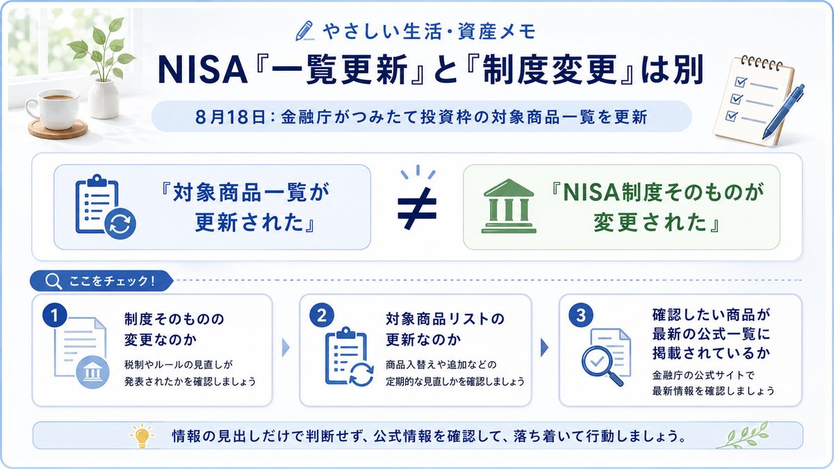 やさしい生活・資産メモ|NISAの対象商品一覧が更新されたことと、NISA制度そのものが変更されたことは別だと示す図