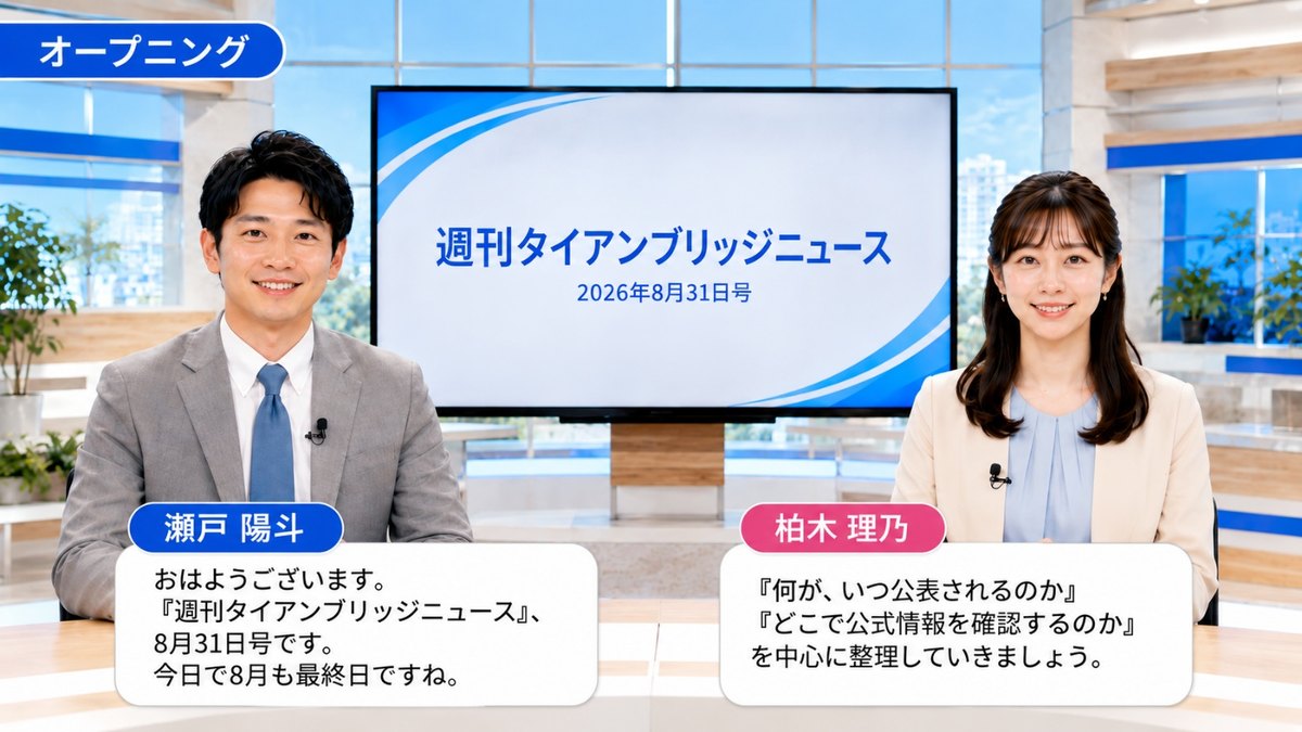 オープニング｜週刊タイアンブリッジニュース 2026年8月31日号のスタジオで挨拶する二人のキャスター