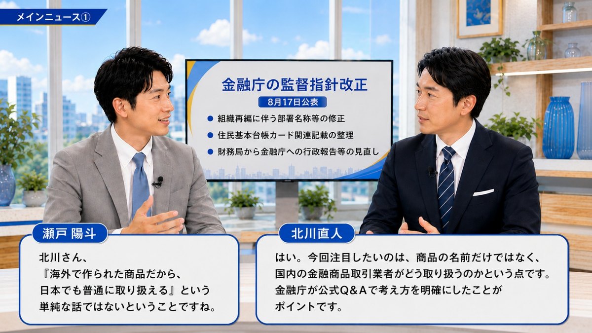 今週のメインニュース｜金融庁の監督指針改正を示すモニターを前に、個別株レバレッジ型ETFの取扱いを解説するスタジオ