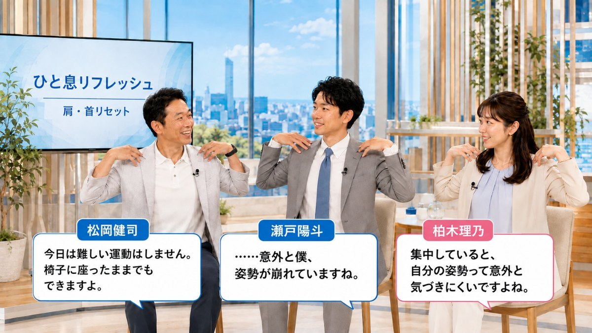 ひと息リフレッシュ｜肩・首リセットをテーマに、同じ姿勢をいったんやめる方法を話す出演者たち