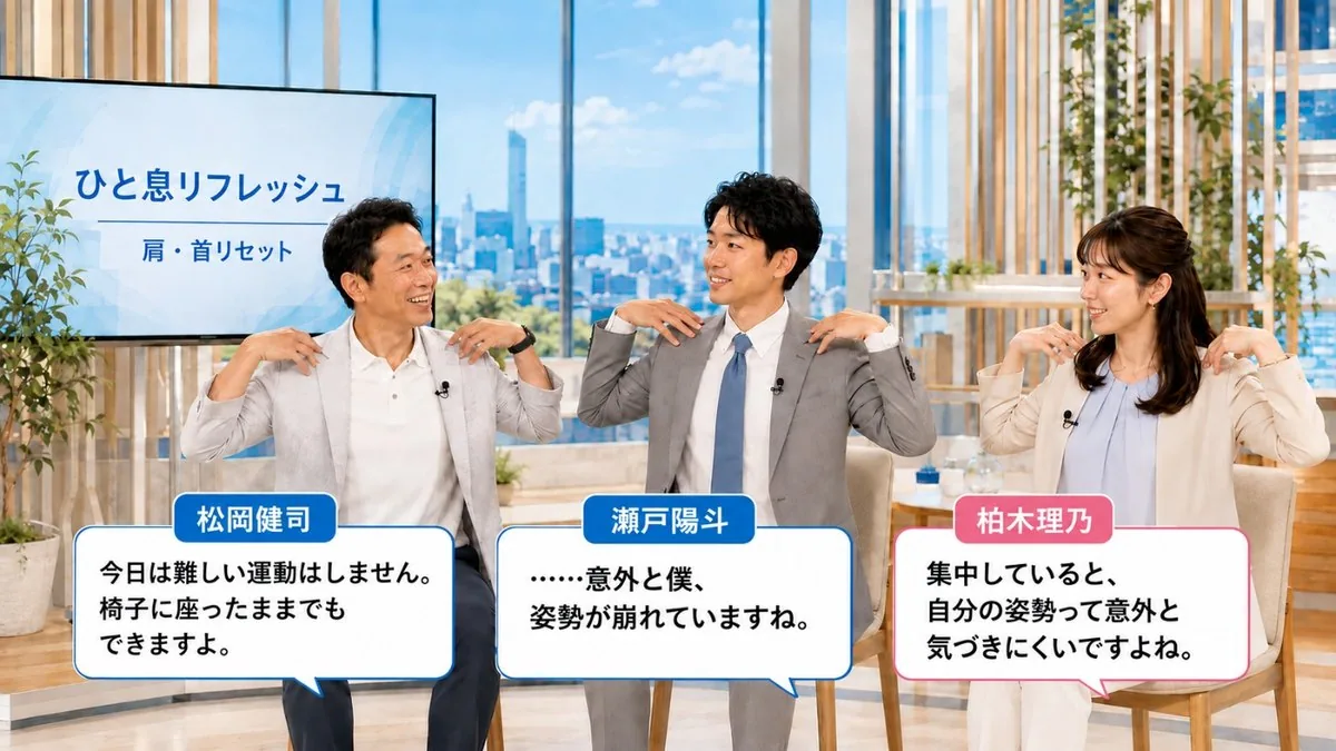 ひと息リフレッシュ｜肩・首リセットをテーマに、同じ姿勢をいったんやめる方法を話す出演者たち