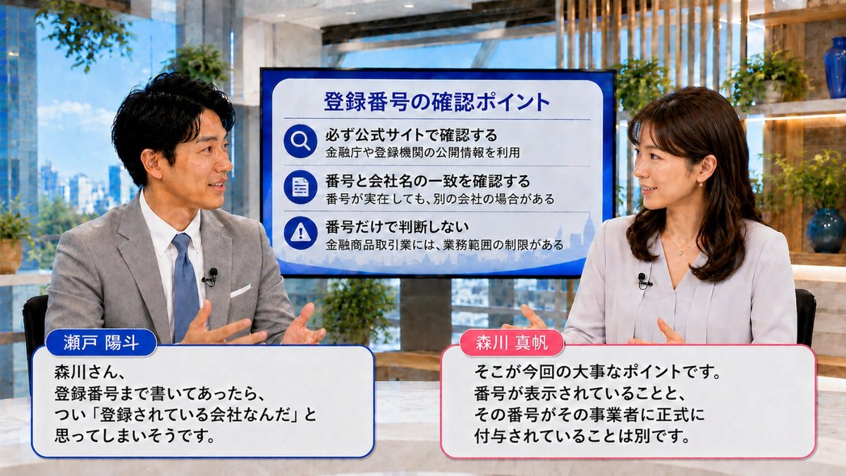 登録番号の確認ポイント｜必ず公式サイトで照合する、番号と会社名の一致を確認するという2点を示すモニターを前に解説するスタジオ