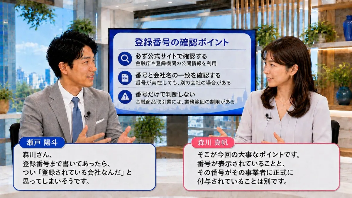 登録番号の確認ポイント｜必ず公式サイトで照合する、番号と会社名の一致を確認するという2点を示すモニターを前に解説するスタジオ