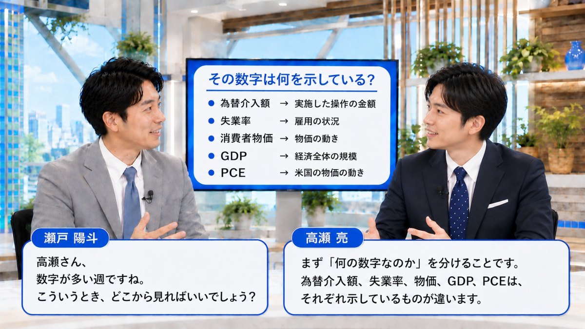 マネーブリーフィング｜その数字は何を示している？として為替介入額・失業率・消費者物価・GDP・PCEを分けて見ることを解説するスタジオ