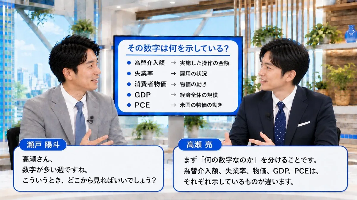 マネーブリーフィング｜その数字は何を示している？として為替介入額・失業率・消費者物価・GDP・PCEを分けて見ることを解説するスタジオ