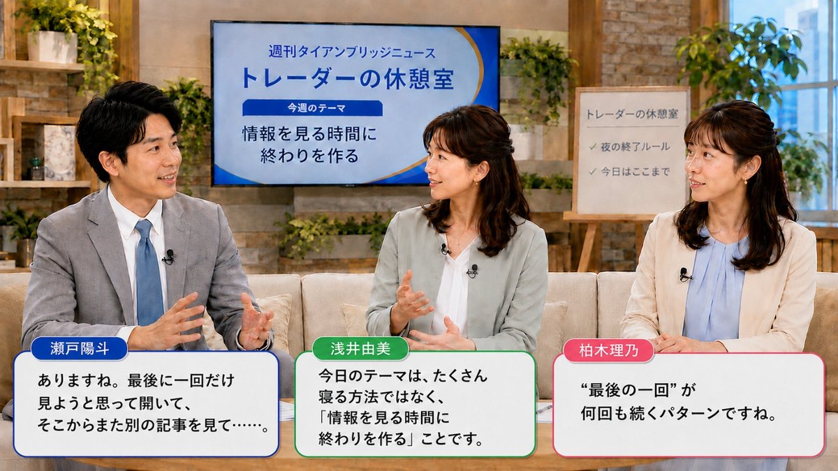 トレーダーの休憩室｜情報を見る時間に終わりを作ることをテーマに話す出演者たち