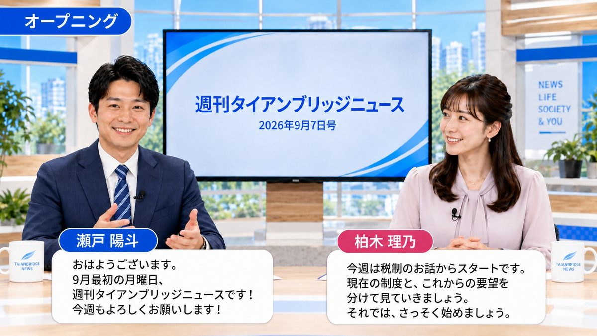 オープニング|週刊タイアンブリッジニュース 2026年9月7日号のスタジオで挨拶する二人のキャスター
