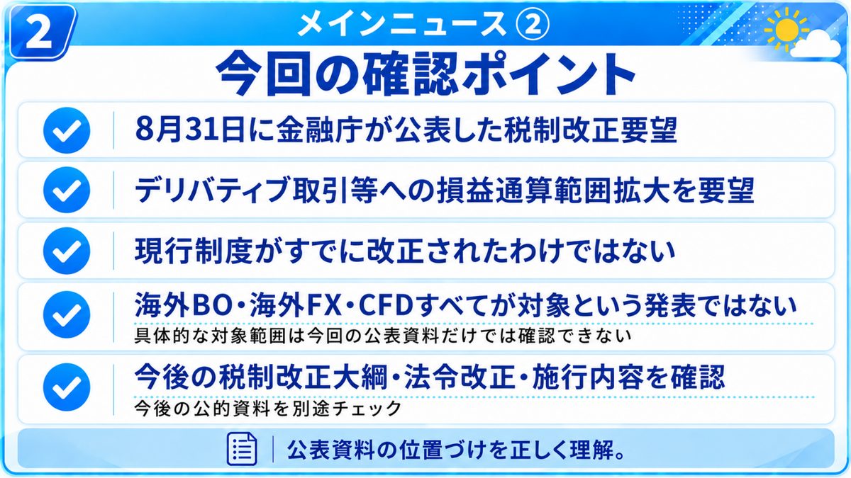 今回の確認ポイント|要望と制度変更を区別する、現行のFX税制は国税庁の公式情報で確認する、対象範囲は今後の公表を待つという整理図