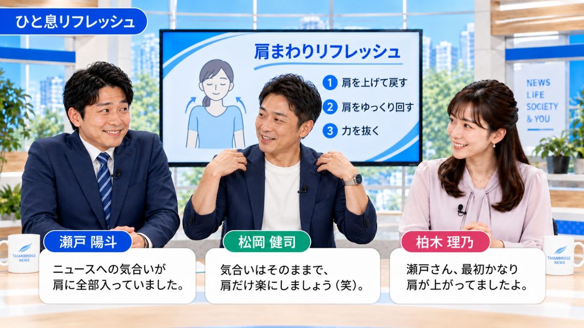 肩まわりリセットの流れ|背中を起こす、肩を持ち上げて戻す、前から後ろへ回す、腕を自然に下ろすの4ステップ