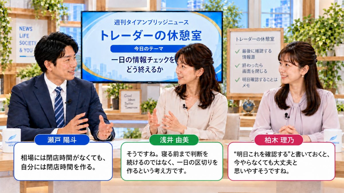 トレーダーの休憩室|一日の情報チェックの終わりの合図をテーマに話す出演者たち