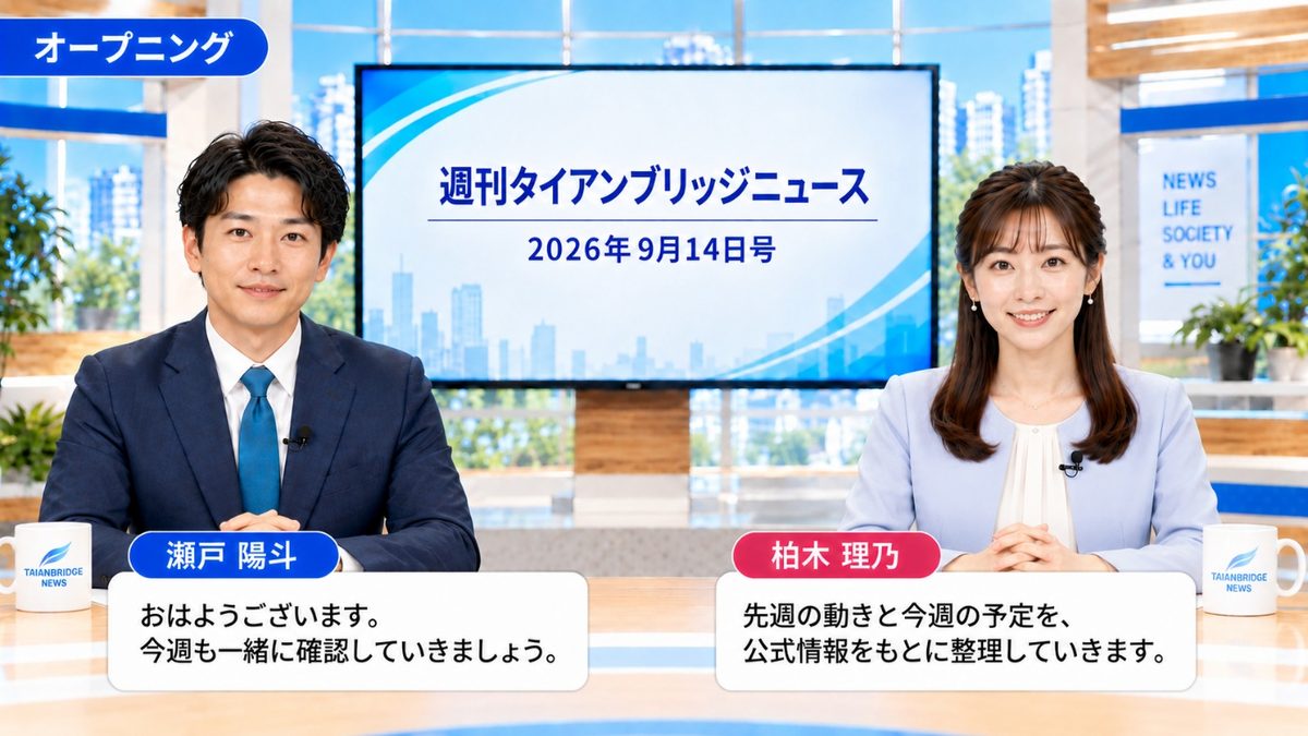 オープニング｜週刊タイアンブリッジニュース 2026年9月14日号のスタジオで挨拶する二人のキャスター