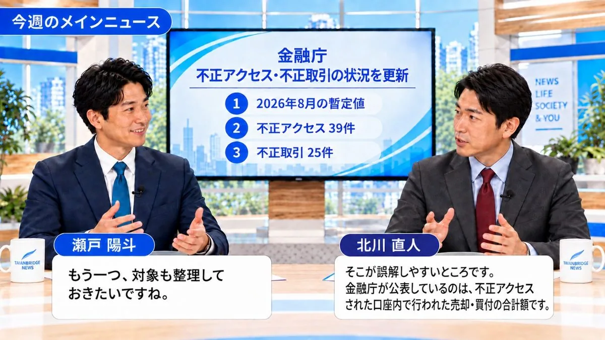 今週のメインニュース｜金融庁が公表した2026年8月の不正アクセス39件・不正取引25件の暫定値について解説するスタジオ