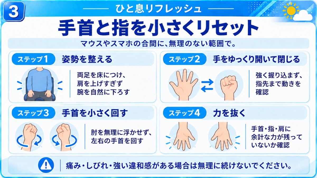 ひと息リフレッシュ｜姿勢を整える、手をゆっくり開いて閉じる、手首を小さく回す、力を抜くという手首と指のリセット4ステップ