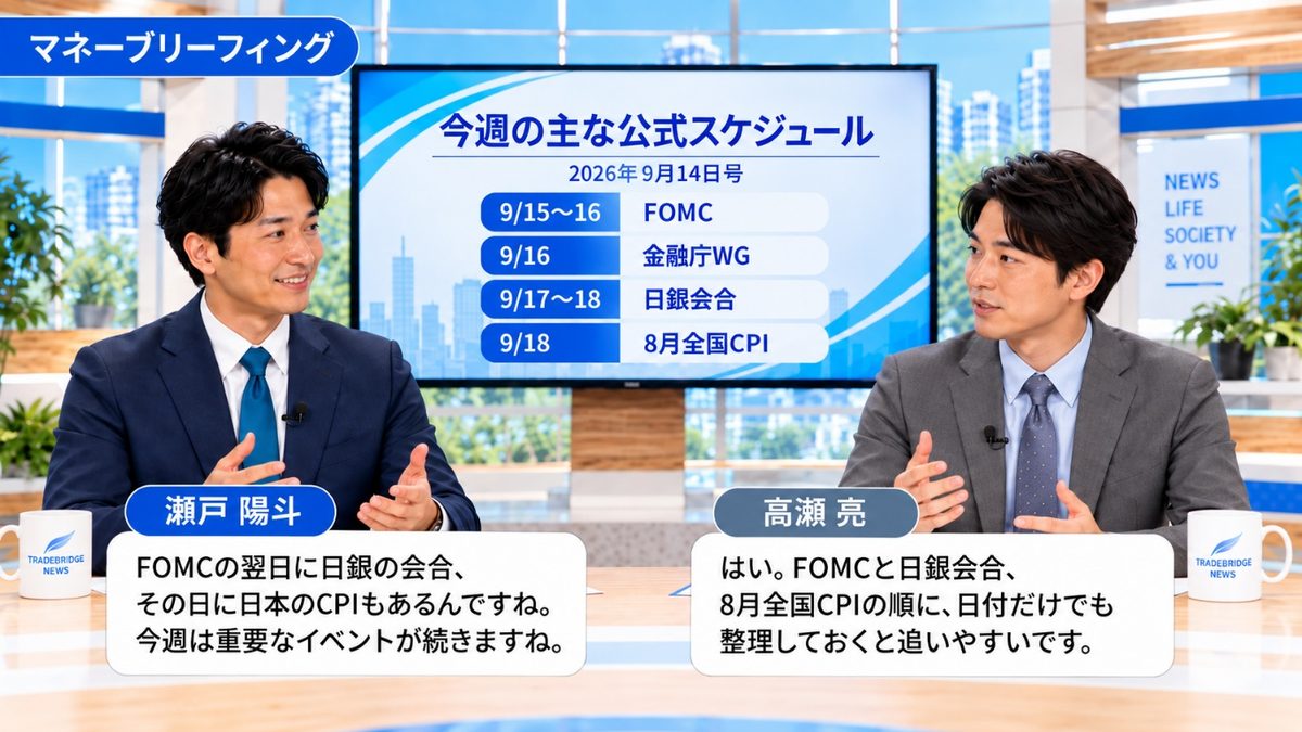 今週の主な公式スケジュール｜FOMC、金融庁WG、日銀会合、8月全国CPIの日程をモニターで確認しながら話すスタジオ