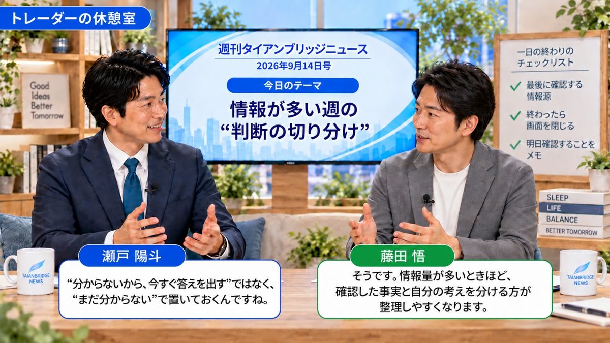 トレーダーの休憩室｜情報が多い週の判断の切り分けをテーマに話す出演者たち
