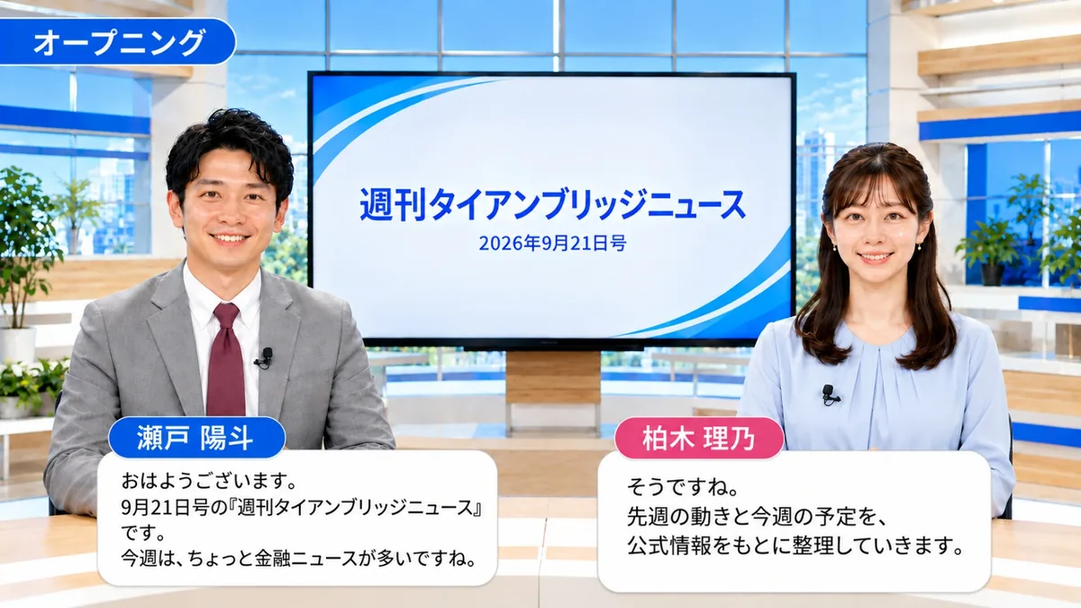 オープニング｜週刊タイアンブリッジニュース 2026年9月21日号のスタジオで挨拶する二人のキャスター