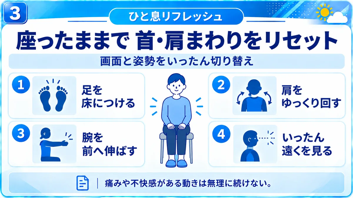 ひと息リフレッシュ｜足を床につける、肩をゆっくり回す、腕を前へ伸ばす、いったん遠くを見るという座ったままの4ステップ