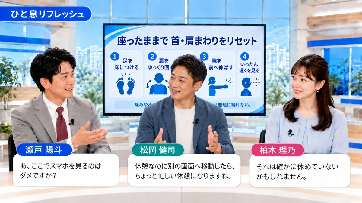 ひと息リフレッシュ｜首・肩まわりのリセットについて話す出演者たち