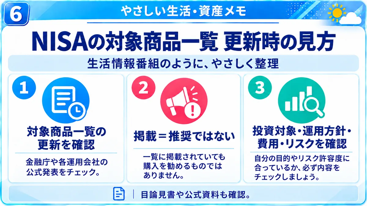 やさしい生活・資産メモ｜対象商品一覧の更新を確認、掲載は推奨ではない、投資対象・運用方針・費用・リスクを確認という3つの見方を整理した図