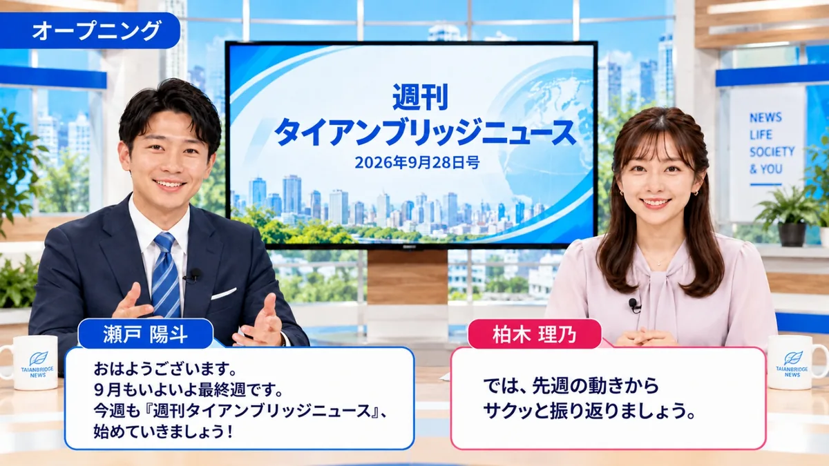 オープニング｜週刊タイアンブリッジニュース 2026年9月28日号のスタジオで挨拶する二人のキャスター
