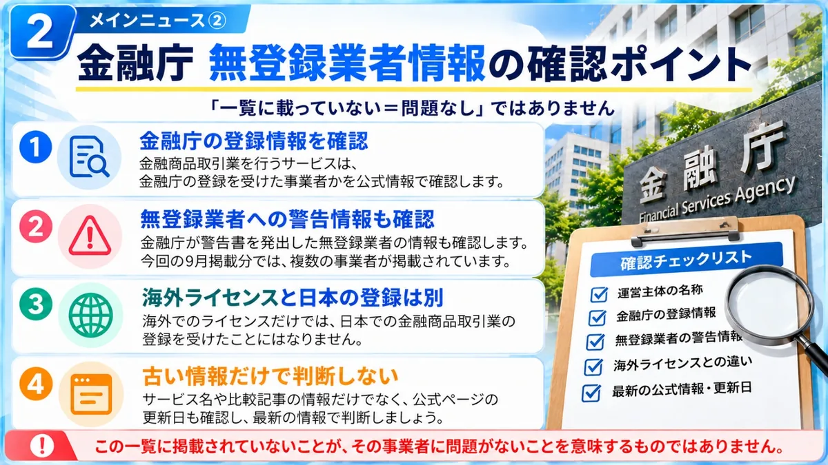 今週の確認ポイント｜金融庁の登録情報を確認、無登録業者への警告情報も確認、海外ライセンスと日本の登録は別、古い情報だけで判断しないという4つの手順を整理した図