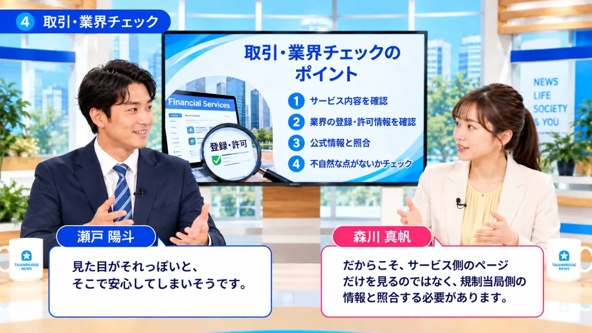 取引・業界チェック｜登録番号の表示だけで判断せず規制当局の情報と照合することを話す出演者たち