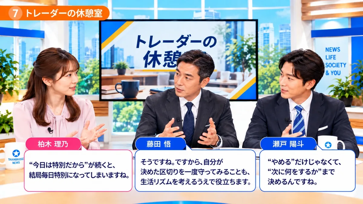 トレーダーの休憩室｜終了時刻を先に決める、最後に確認するものを決める、感情が強いときほど延長しない、画面を閉じた後の行動を用意するという生活チェックリスト