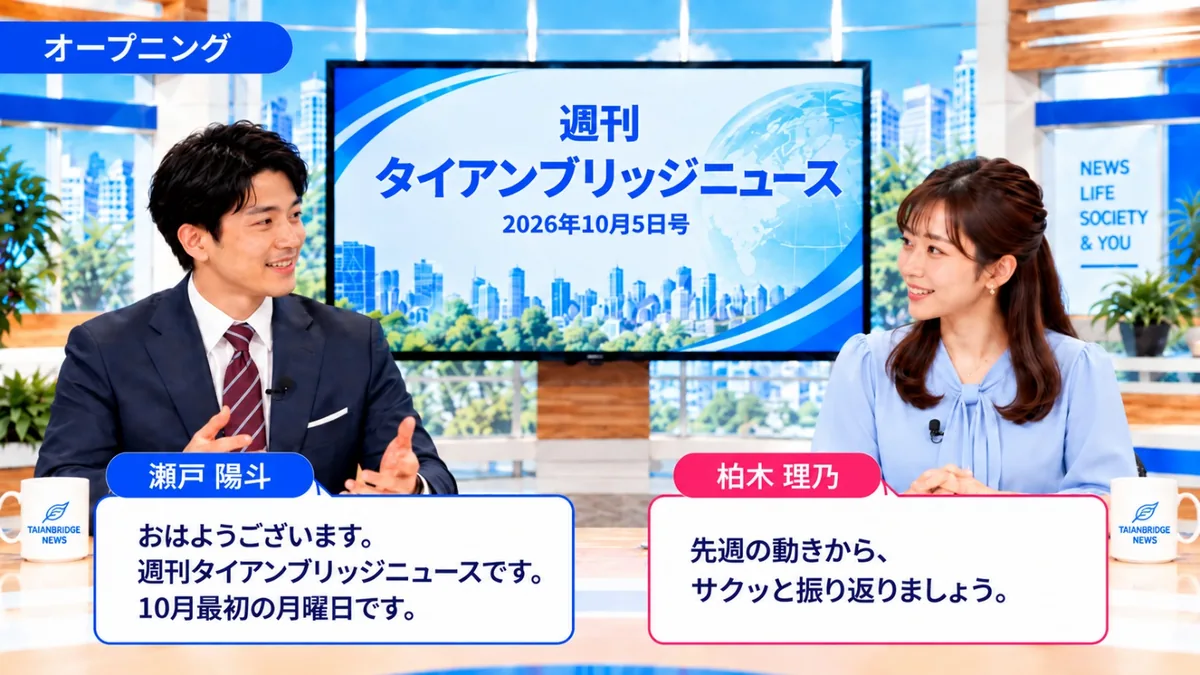 オープニング|週刊タイアンブリッジニュース 2026年10月5日号のスタジオで挨拶する瀬戸陽斗と柏木理乃
