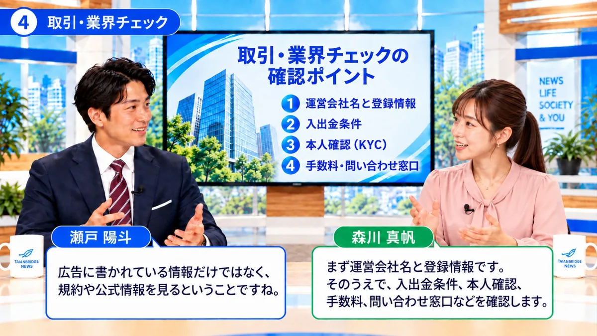 取引・業界チェック|運営会社名と登録情報、入出金条件、本人確認(KYC)、手数料・問い合わせ窓口の確認ポイントを話す瀬戸陽斗と森川真帆
