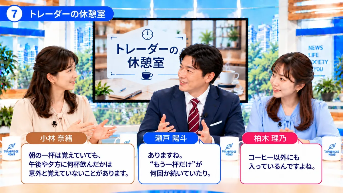トレーダーの休憩室|午後のカフェインについて、朝の一杯は覚えていても午後に何杯飲んだかは覚えていないことがあると話す小林奈緒、瀬戸陽斗、柏木理乃