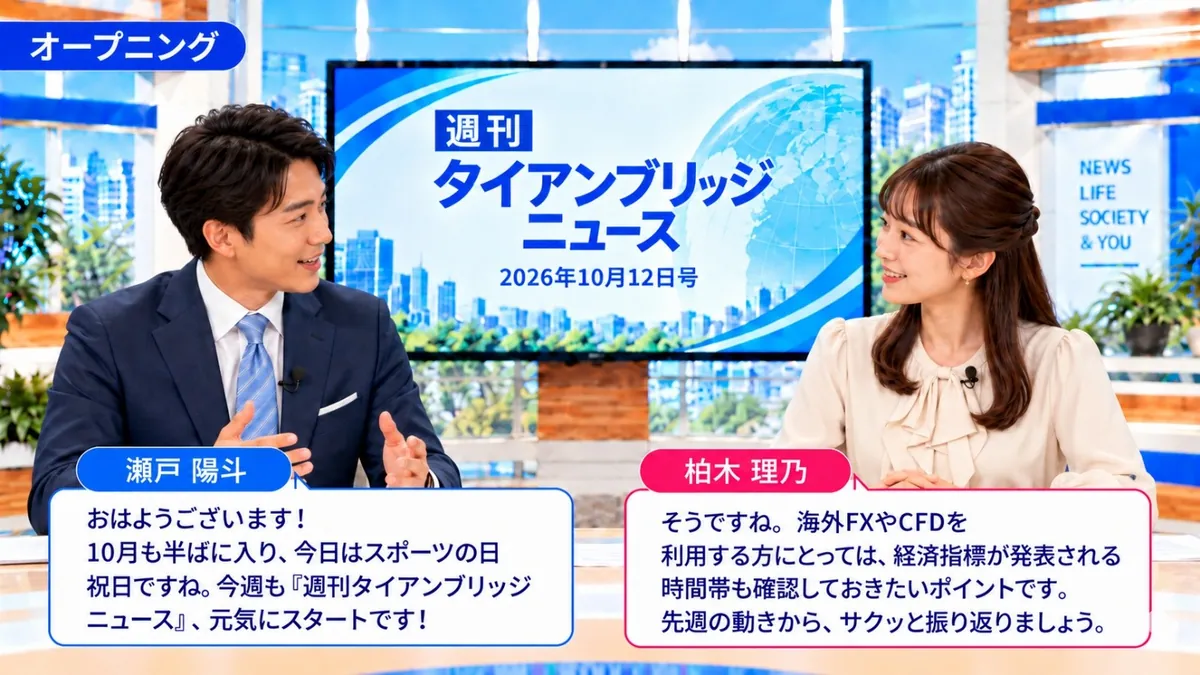 オープニング|週刊タイアンブリッジニュース 2026年10月12日号のスタジオで挨拶する瀬戸陽斗と柏木理乃