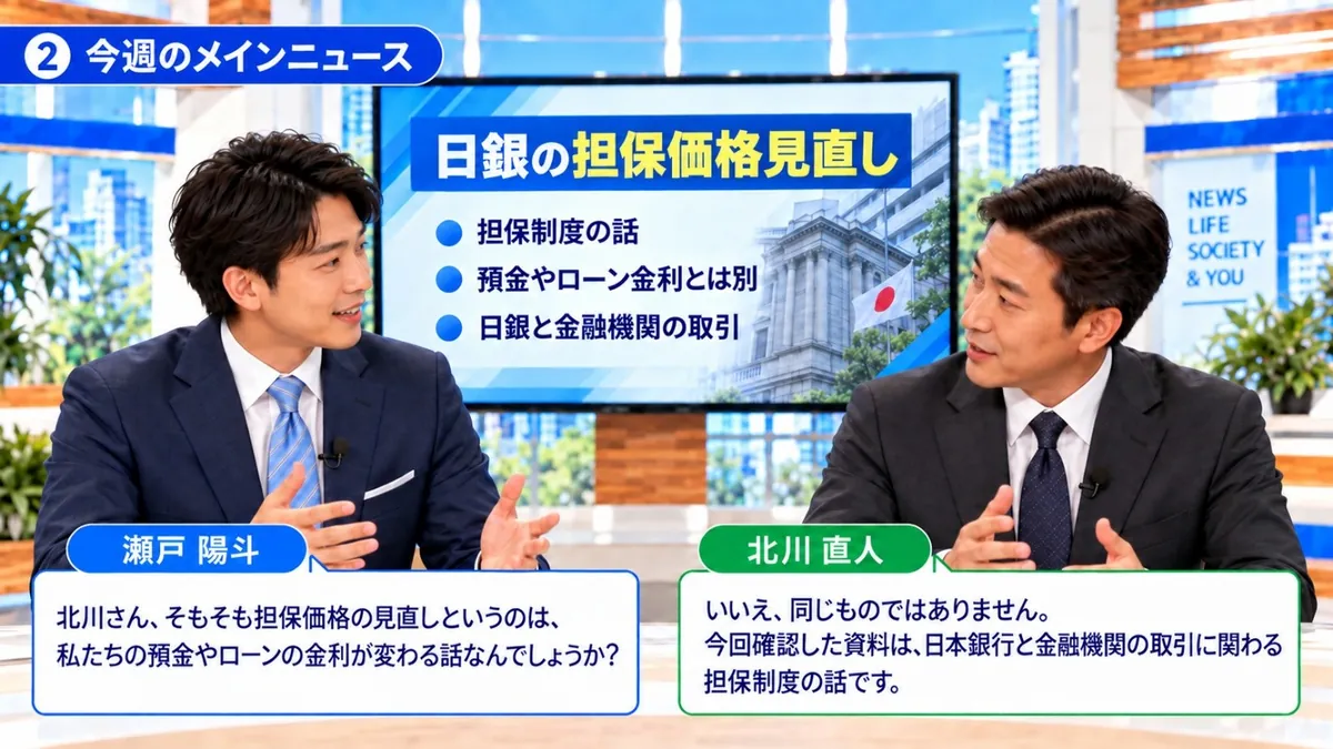 今週のメインニュース|日銀の担保価格見直しは担保制度の話で預金やローン金利とは別、日本銀行と金融機関の取引に関わるものだと解説する瀬戸陽斗と北川直人