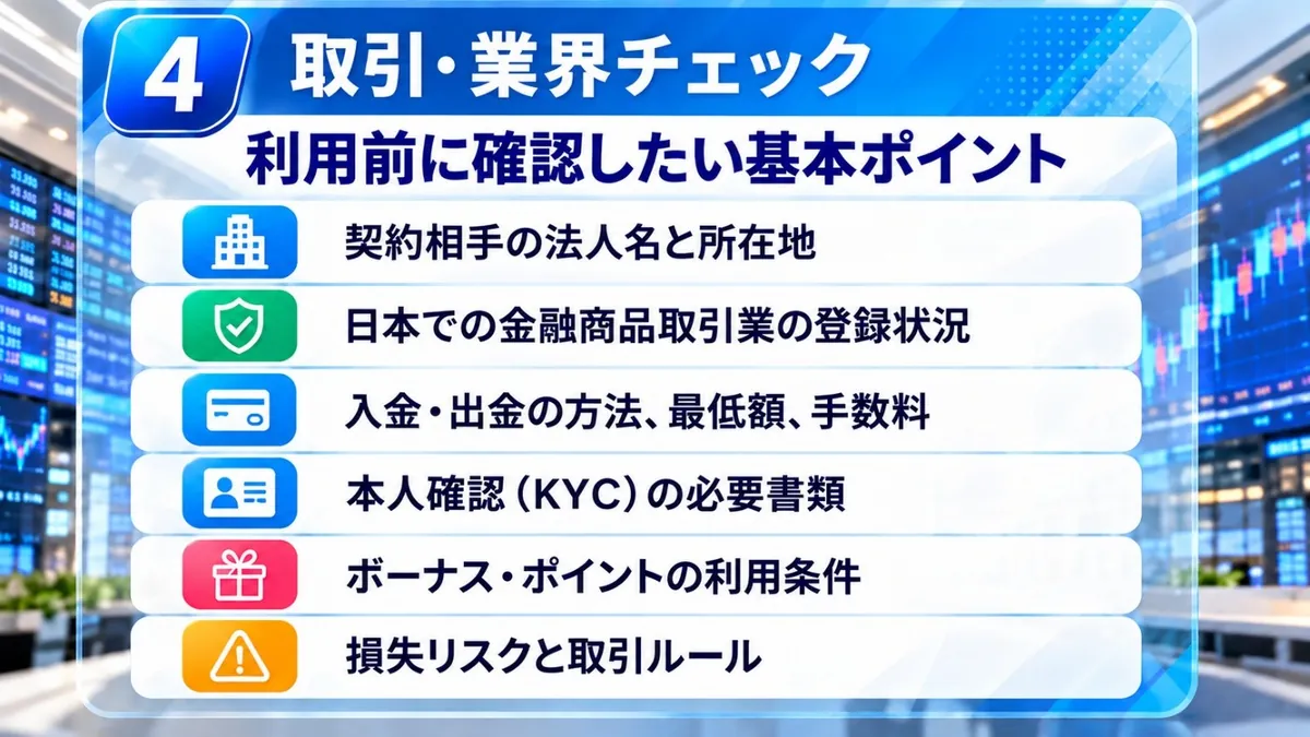 利用前に確認したい基本ポイント|契約相手の法人名と所在地、日本での金融商品取引業の登録状況、入金・出金の方法・最低額・手数料、本人確認(KYC)の必要書類、ボーナス・ポイントの利用条件、損失リスクと取引ルール