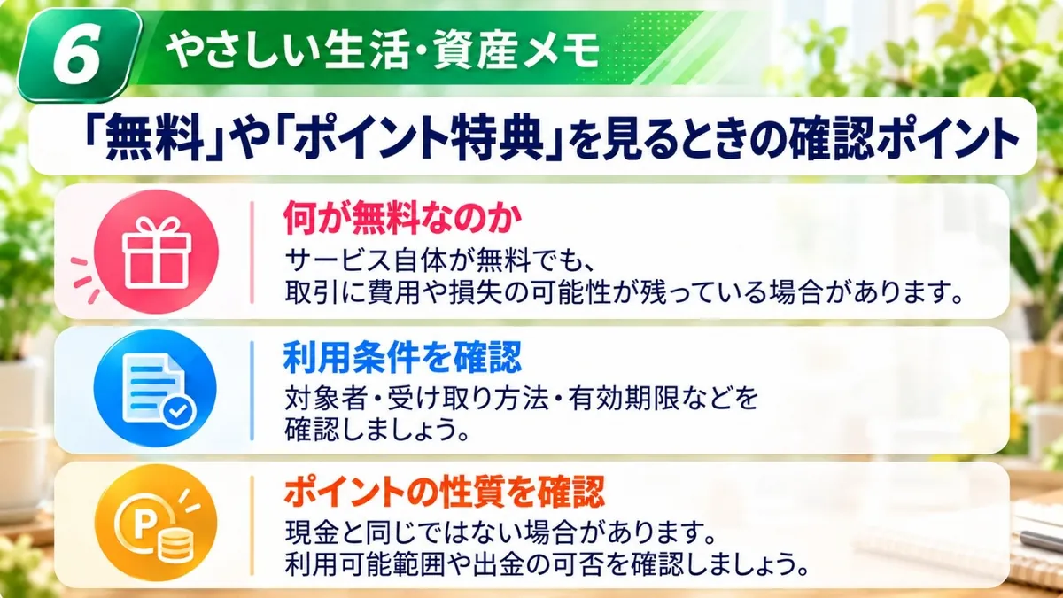 やさしい生活・資産メモ|「無料」や「ポイント特典」を見るときの確認ポイント:何が無料なのか、利用条件を確認、ポイントの性質を確認
