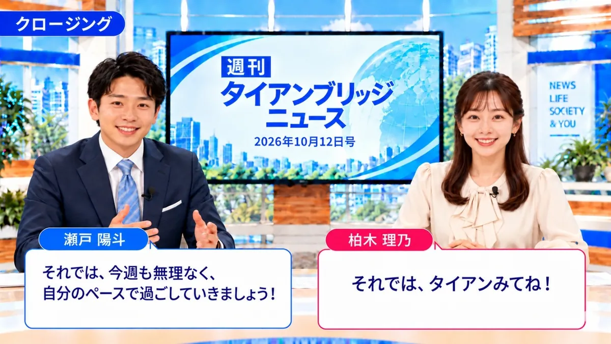 クロージング|週刊タイアンブリッジニュース 2026年10月12日号の締めくくりで「また来週」「タイアンみてね」と挨拶する瀬戸陽斗と柏木理乃