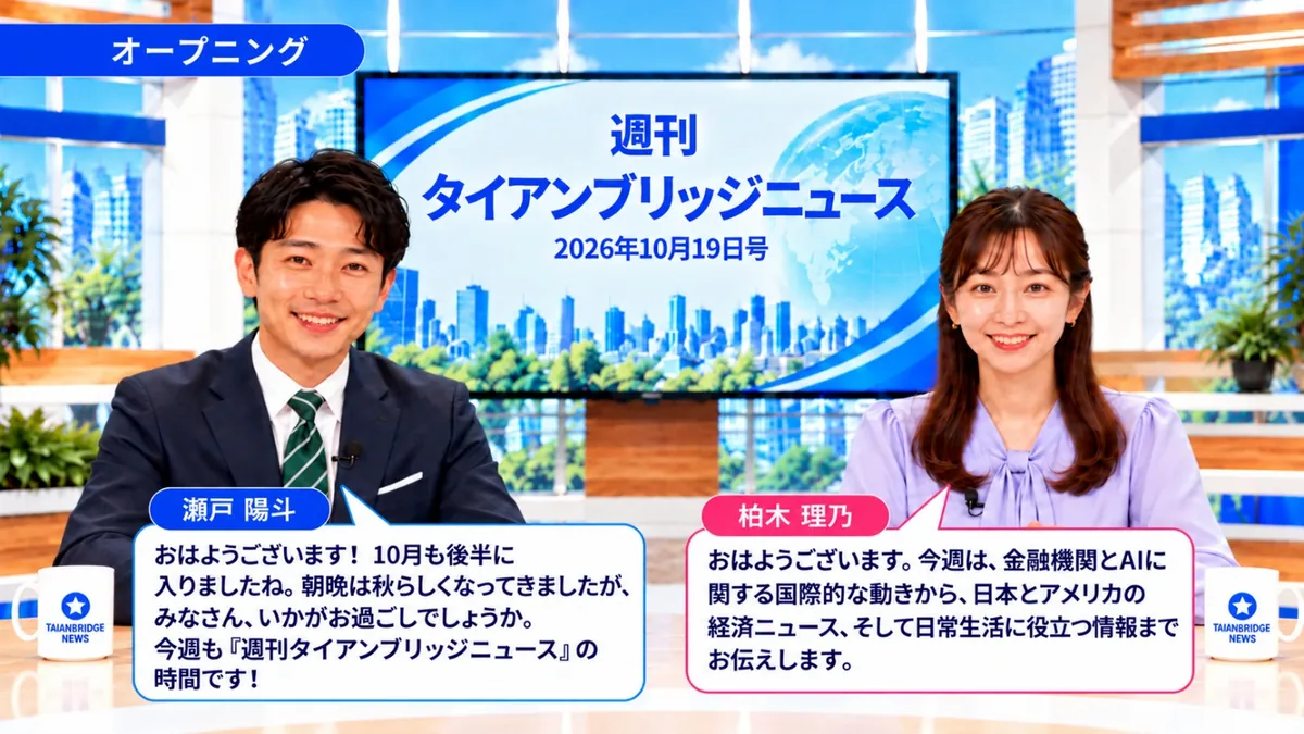 オープニング｜週刊タイアンブリッジニュース 2026年10月19日号のスタジオで挨拶する瀬戸陽斗と柏木理乃